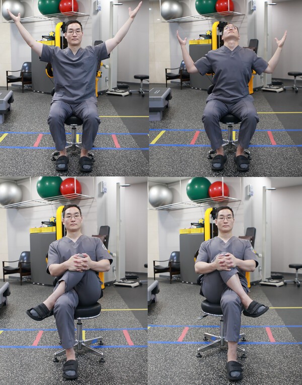 미래본병원 이재민 재활센터장이 알려주는 가슴 펴기 스트레칭(위)과 엉덩이 스트레칭법.