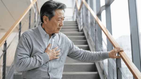 계단을 오르던 중 가슴이 조이고 뻐근한 통증을 느껴 멈춰 선 남성. 활동할 때 반복되고 휴식하면 가라앉는 흉통은 협심증의 신호일 수 있다. [챗GPT 생성 이미지]